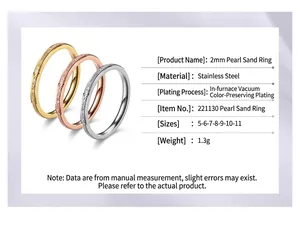 Detail view of 2mm frosted stainless steel rings in gold, rose gold, and silver colors.