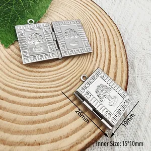 Stainless steel rectangular photo locket pendant with tree engraving and size markings