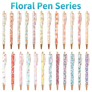 Floral Print Retractable Ballpoint Pen Metal Aluminum Alloy Rose Gold Trim Smooth Writing Stationery For Office School