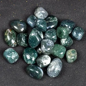 Natural polished green moss agate tumbled stones for crystal healing and home decor