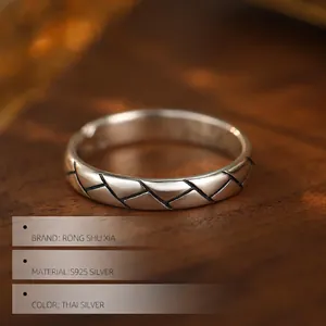 Vintage S925 sterling silver open ring with unique braided texture for women jewelry