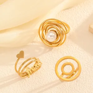 Elegant vintage gold plated titanium steel ring set with pearl and heart motif