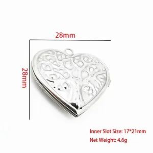 Detailed view of stainless steel heart locket with tree of life design and size measurements