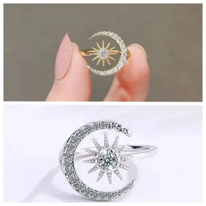Korean Fashion Star And Moon Open Ring For Women Adjustable Gold Silver Alloy Rhinestone Celestial Jewelry Ring