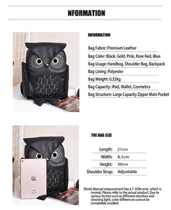 Product details for cartoon owl backpack showing dimensions and material specs