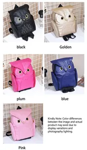 Cartoon owl shaped backpacks displayed in various colors including black, gold and pink.