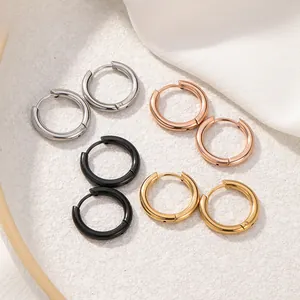 Minimalist stainless steel hoop earrings set in silver, gold, rose gold and black finishes.