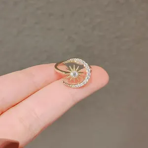 Elegant Korean style gold plated sun and moon open ring with sparkling zirconia stones