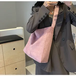 Rosa Damen-Tragetasche aus mattem Wildleder, großer Retro-Schulter-Shopper für Büro