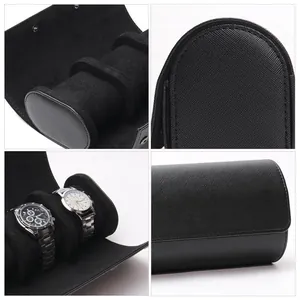 Black textured PU leather 3-slot watch roll organizer for secure travel and storage