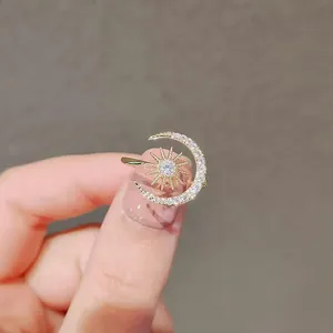 Elegant sparkling gold crescent moon and sun adjustable open ring for women jewelry