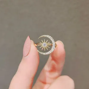 Elegant Korean style gold moon and sun open ring featuring sparkling rhinestone inlays