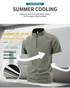 Detail of men's athletic quarter-zip short sleeve T-shirt featuring a sleek stand collar design
