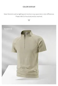Close-up detail of khaki men's quick-dry outdoor sports t-shirt with a quarter-zip collar