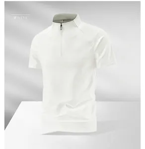 Close-up of a white men's quick-dry sports T-shirt with a quarter-zip