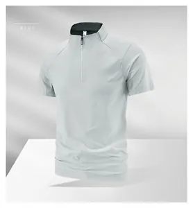 Men's sky blue outdoor quick-dry sports t-shirt with stand-up collar and zipper detail