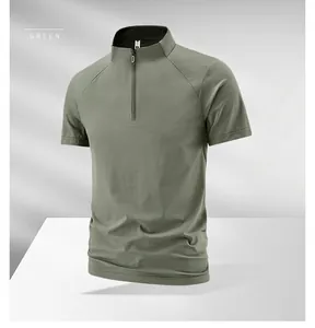 Close-up detail of army green men's sports t-shirt with stand collar and quarter-zip