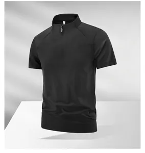Charcoal black men's quick-dry sport t-shirt with stand collar and quarter zipper