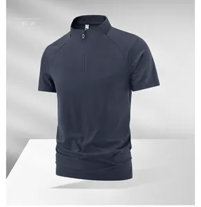 Navy blue quick-dry performance athletic T-shirt for men featuring quarter-zip and stand collar