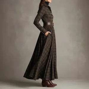 Elegant brown plaid long sleeve shirt maxi dress with belt for women western style
