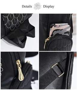 Detailed macro shots of black owl backpack with gold-tone hardware and embroidery.