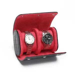 Luxe zwart PU-lederen horlogerol voor 3 horloges met zachte rode fluwelen voering
