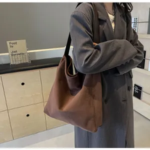 Minimalistische retro braune Wildleder-Tragetasche mit großer Kapazität für Damen