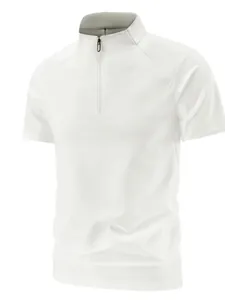 Men's white quarter-zip short-sleeve outdoor sports T-shirt with a stand-up collar