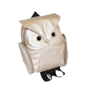 Stylish gold owl-shaped 3D cartoon backpack for women with metallic faux leather