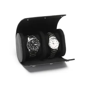 Premium black PU leather watch roll storage case with three slots and velvet lining