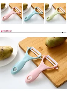 A detailed close-up of ceramic vegetable peelers available in three Nordic colors.