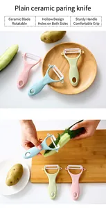 Practical ceramic peeler demonstration for vegetables with pink blue green variants
