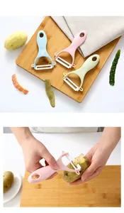 Close-up of pink ceramic vegetable peeler in use on a potato with other colors shown