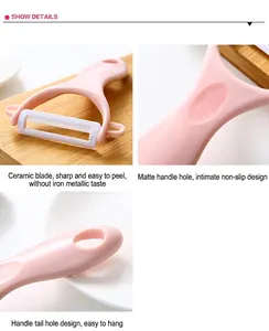 Detail shots of pink ceramic peeler showing sharp blade, anti-slip handle and hanging hole.