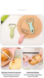 Detail view of multi-functional vegetable peeler removing potato skin and eyes