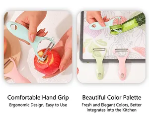 Ergonomic multi-functional fruit and vegetable peeler shown in use peeling apples and cucumbers