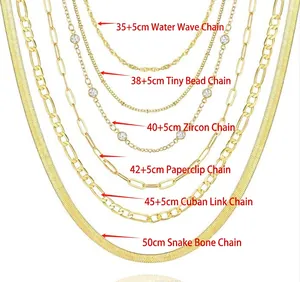 Detailed view of six styles and lengths of 14K gold-plated layered necklaces
