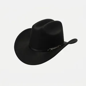 Stylish black western cowboy hat featuring a leather band with metal buckle detail
