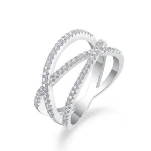 Close-up of S925 sterling silver crisscross ring set with brilliant Moissanite stones