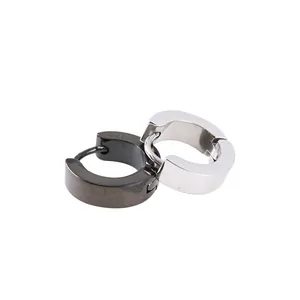 Minimalist black and silver stainless steel hoop earrings in a trendy hip-hop style