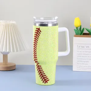 Close-up of 40oz stainless steel baseball rhinestone tumbler with handle and lid.