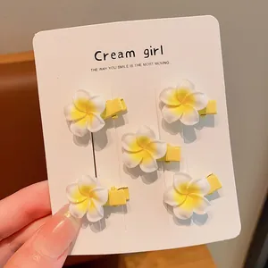 Set of 5 sweet plumeria flower hair clips with yellow alligator base for little girls