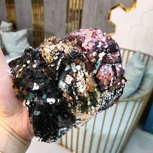 Fashionable sequin knotted headbands in black, gold, and pink vintage colors for women