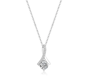 Close-up of elegant stainless steel wishbone necklace with sparkling zircon stones.
