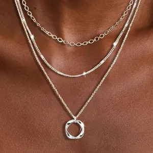 Minimalist Multi Layered Necklace For Women 14K Gold Silver Plated Copper Square Plate Snake Bone Chain Rhinestone Jewelry Gift