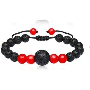Adjustable black lava stone and red bead braided bracelet for men and women