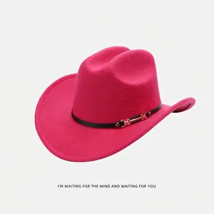 Detailed view of fuchsia western cowboy hat with leather band and metal buckle