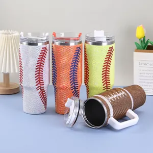 40oz Rhinestone Insulated Tumbler Stainless Steel Vacuum Cup With Handle Straw Baseball Football Pattern Sporty Travel Car Mug