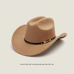 Detailed view of camel western cowboy hat with black leather band and metal buckle.