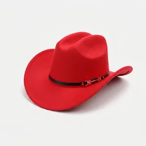 Detailed view of a vibrant red felt cowboy hat featuring a black leather band and metal buckle.
